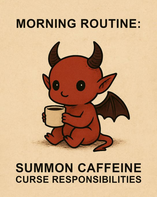 A red cartoon devil with horns, wings, and a tail, holding a coffee cup. The devil has a cute expression and is sitting. Text above reads "MORNING ROUTINE:" and below reads "SUMMON CAFFEINE CURSE RESPONSIBILITIES".