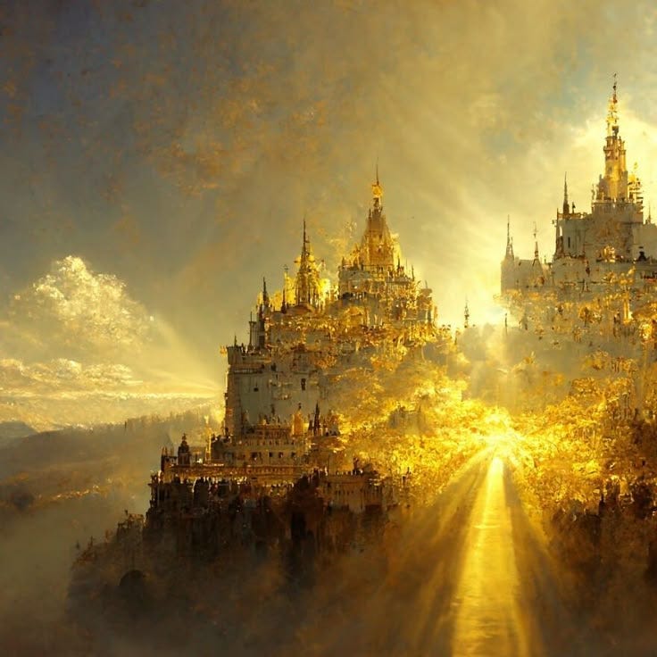 This may contain: an image of a castle in the sky with sun rays coming out from behind it