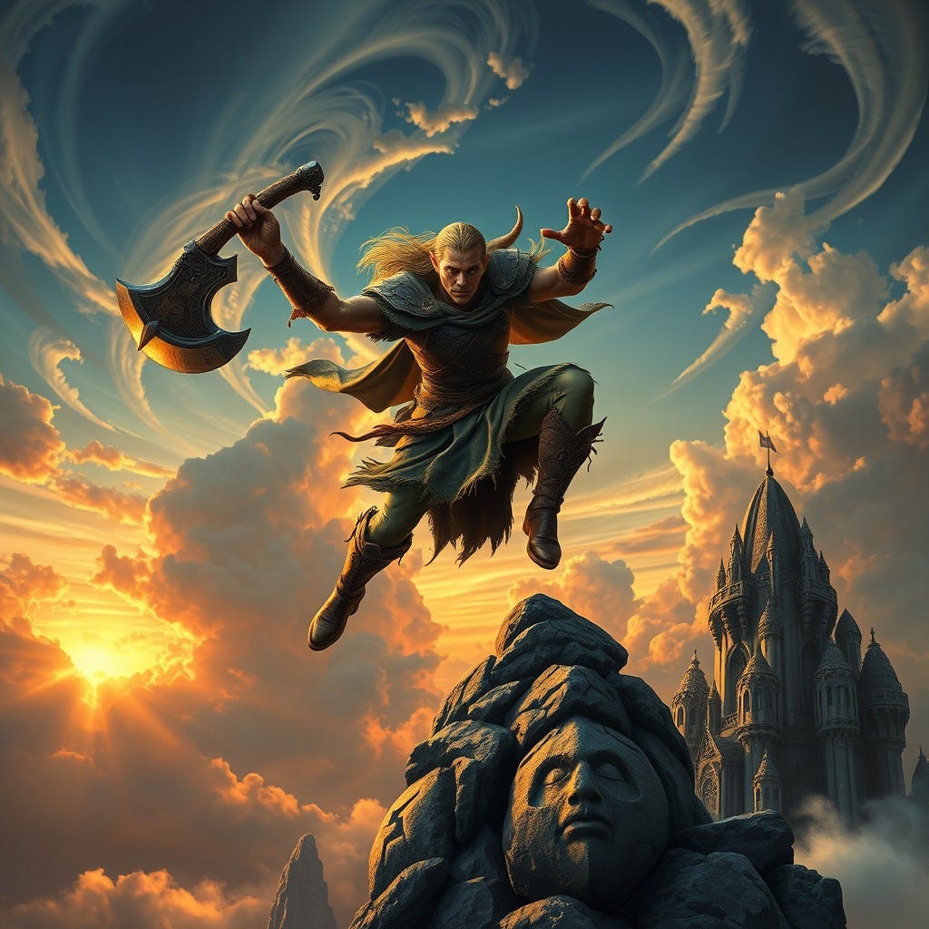 a dynamic scene of an elven warrior inspired by "Lord of the Rings," leaping off a majestic stone tower with a fierce axe in hand, surrounded by swirling clouds and a backdrop of a dramatic sunset, action-packed pose reminiscent of Matthew McConaughey in "Reign of Fire," epic fantasy atmosphere, highly detailed, intricate design, influenced by the style of Frank Frazetta and dynamic cinematography, 4K UHD image a dynamic scene of an elven warrior inspired by "Lord of the Rings," leaping off a majestic stone tower with a fierce axe in hand, surrounded by swirling clouds and a backdrop of a dramatic sunset, action-packed pose reminiscent of Matthew McConaughey in "Reign of Fire," epic fantasy atmosphere, highly detailed, intricate design, influenced by the style of Frank Frazetta and dynamic cinematography, 4K UHD image