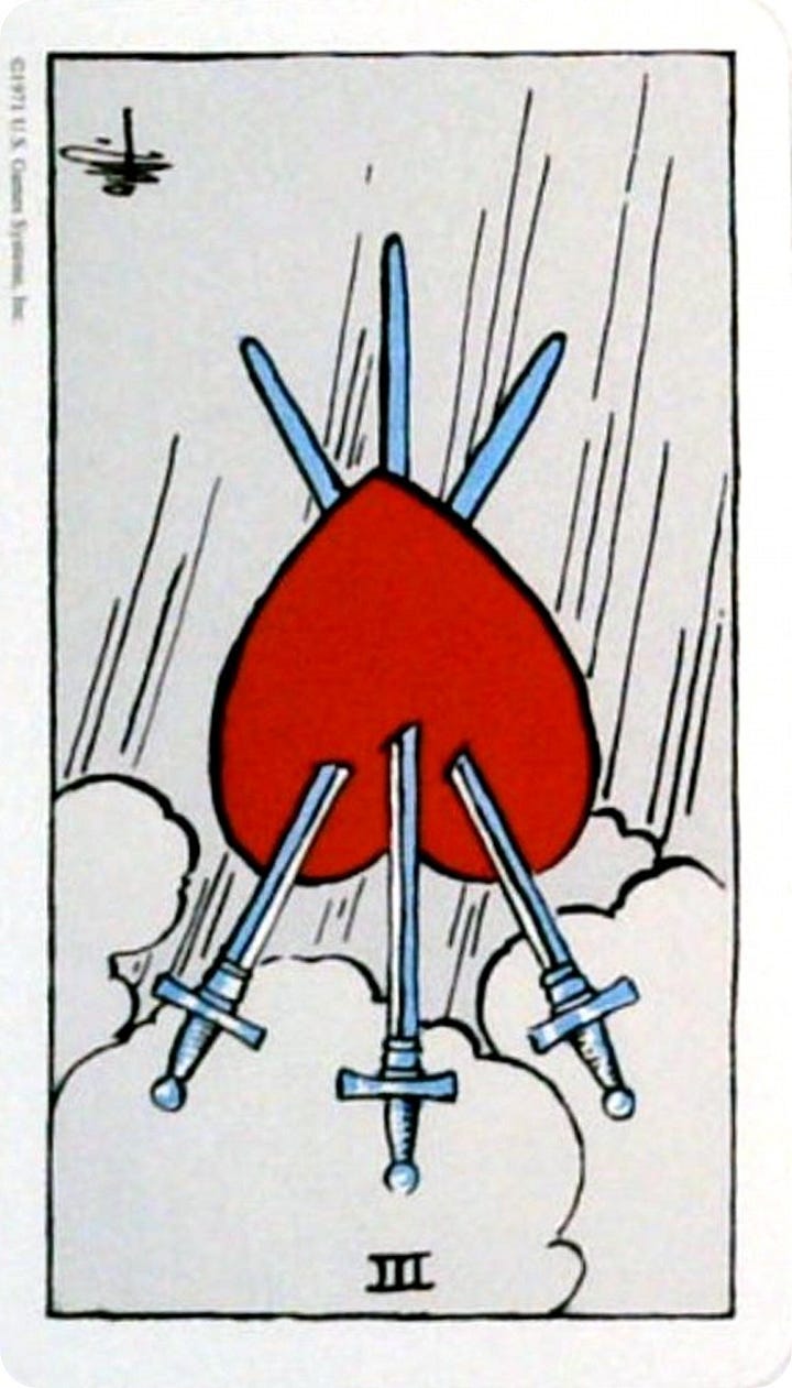 The 3 of Swords tarot card, reversed, and the Lost Lands oracle card.