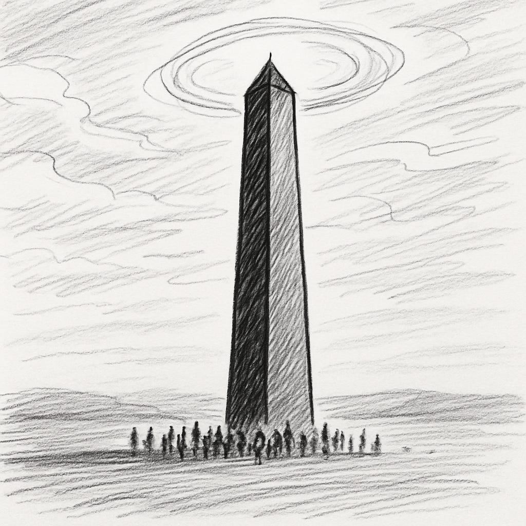 Sketch of a towering obelisk with a pointed top, surrounded at its base by groups of small human figures. Above the monument, circular halo-like rings radiate in the sky, giving the impression of energy or atmospheric distortion.