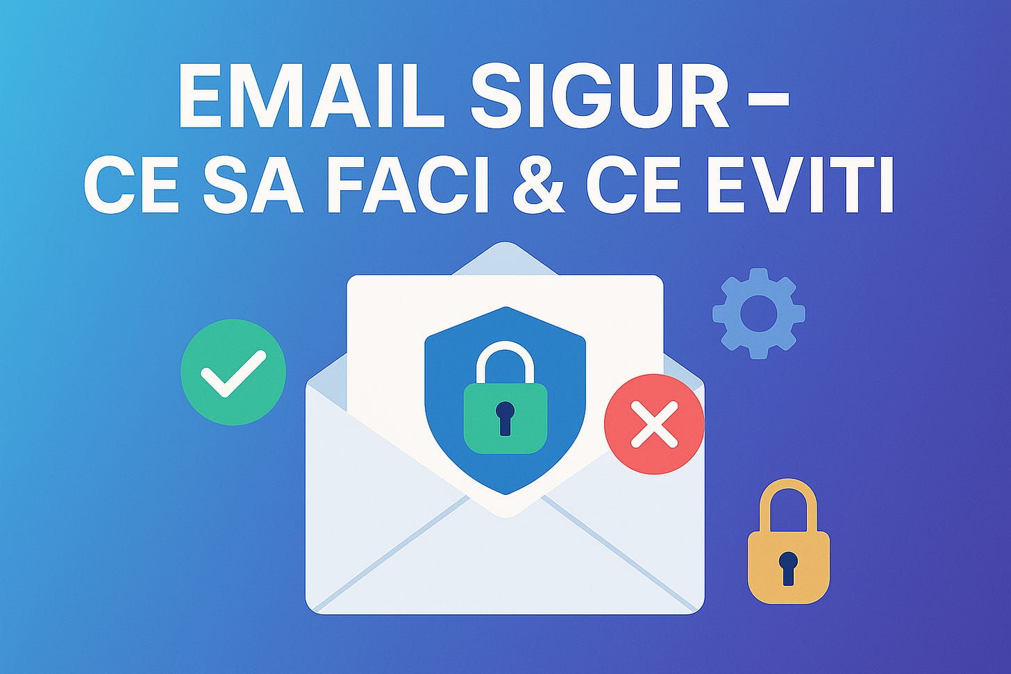 Banner vectorial flat 16 : 9, gradient albastru deschis–indigo; titlul alb fără diacritice «EMAIL SIGUR – CE SA FACI & CE EVITI». În centru, un plic deschis conținând un scut albastru cu lacăt verde; în stânga un cerc verde cu bifă, în dreapta un cerc roșu cu X, plus o rotiță de settings și un lacăt galben – stil minimal, atmosferă corporate prietenoasă.