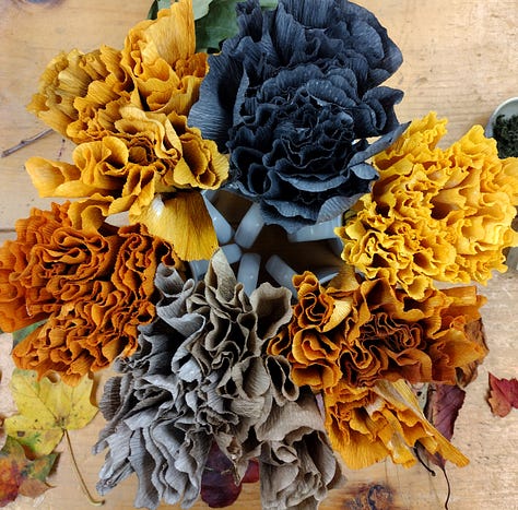 Papers coloured a range of deep yellows, saffrons, mustards and greys created by dyeing using onion skins, tea and iron