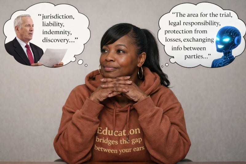 Black woman with an "education" hoodie on and a ponytail hairstyle looks toward one of two bubbles at an attorney reciting legalese.