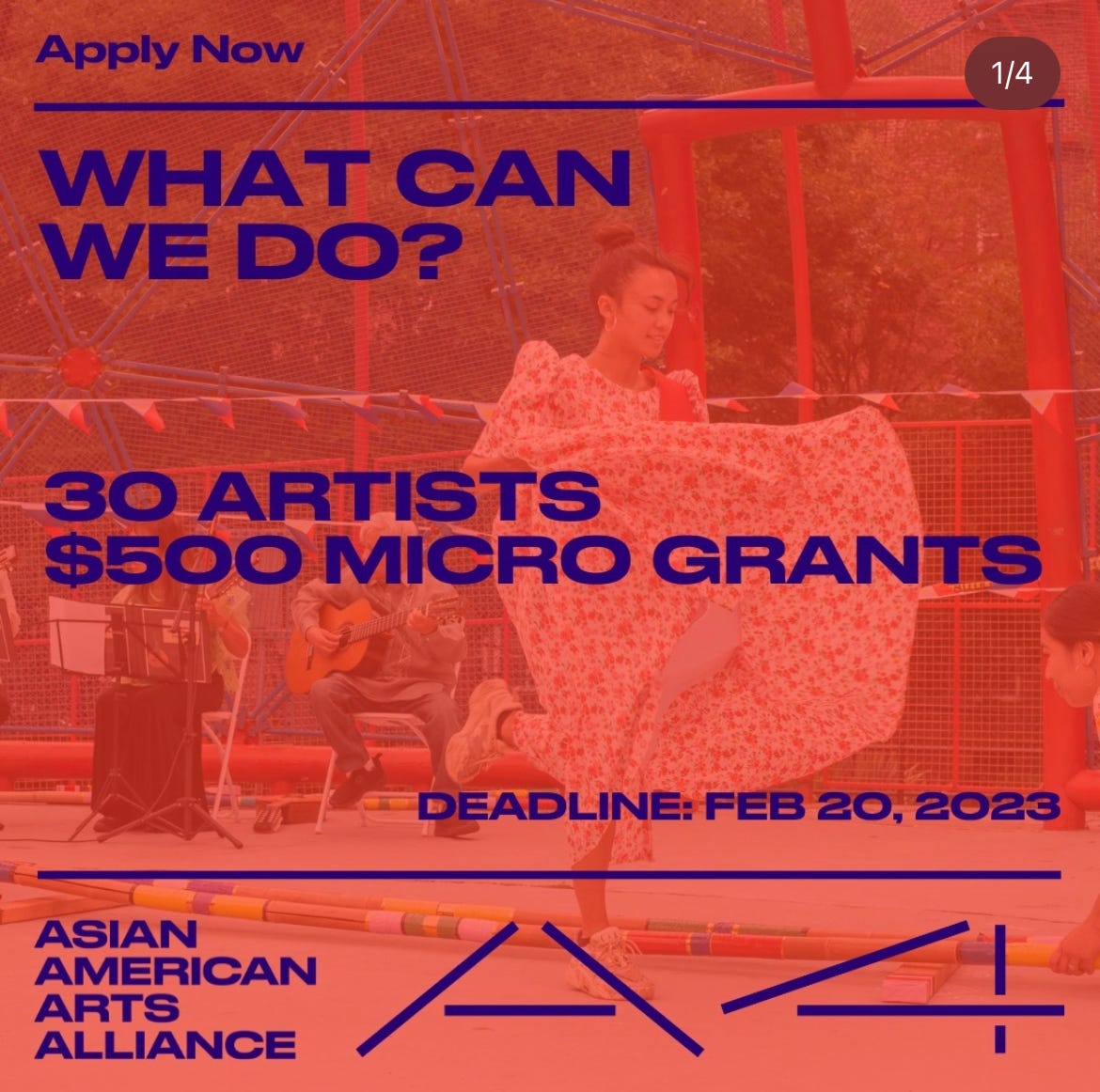 Image of Asian woman dancing on a stage with musicians. Photo has been tinted red with words on top detailed in text below