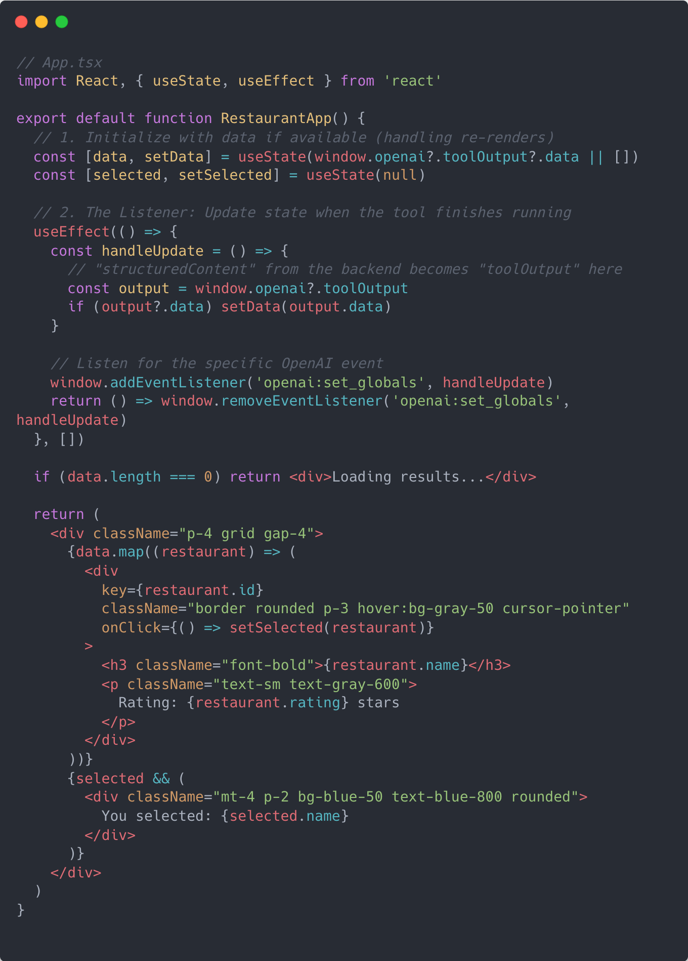 RestaurantApp code snippet. See link to code in caption RestaurantApp code snippet. See link to code in caption