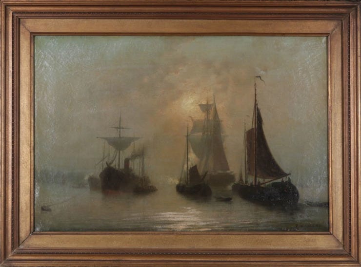 'Aangemeerde schepen in de ochtendzon' 1891 - olieverf op doek: Rein Miedema (kavel 52884-7000, BVA Auctions) 'Aangemeerde schepen in de ochtendzon' 1891 - olieverf op doek: Rein Miedema (kavel 52884-7000, BVA Auctions)