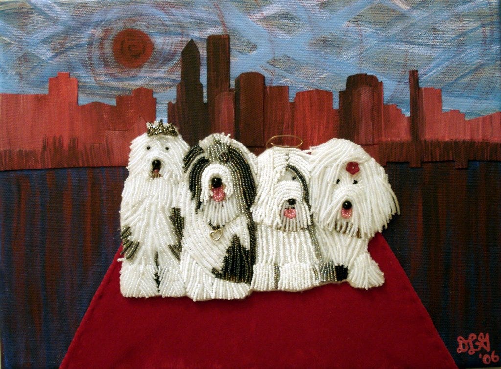 beaded Old English Sheepdog OES bead embroidery pet portrait dog pin brooch wearable art beaded Old English Sheepdog OES bead embroidery pet portrait dog pin brooch wearable art