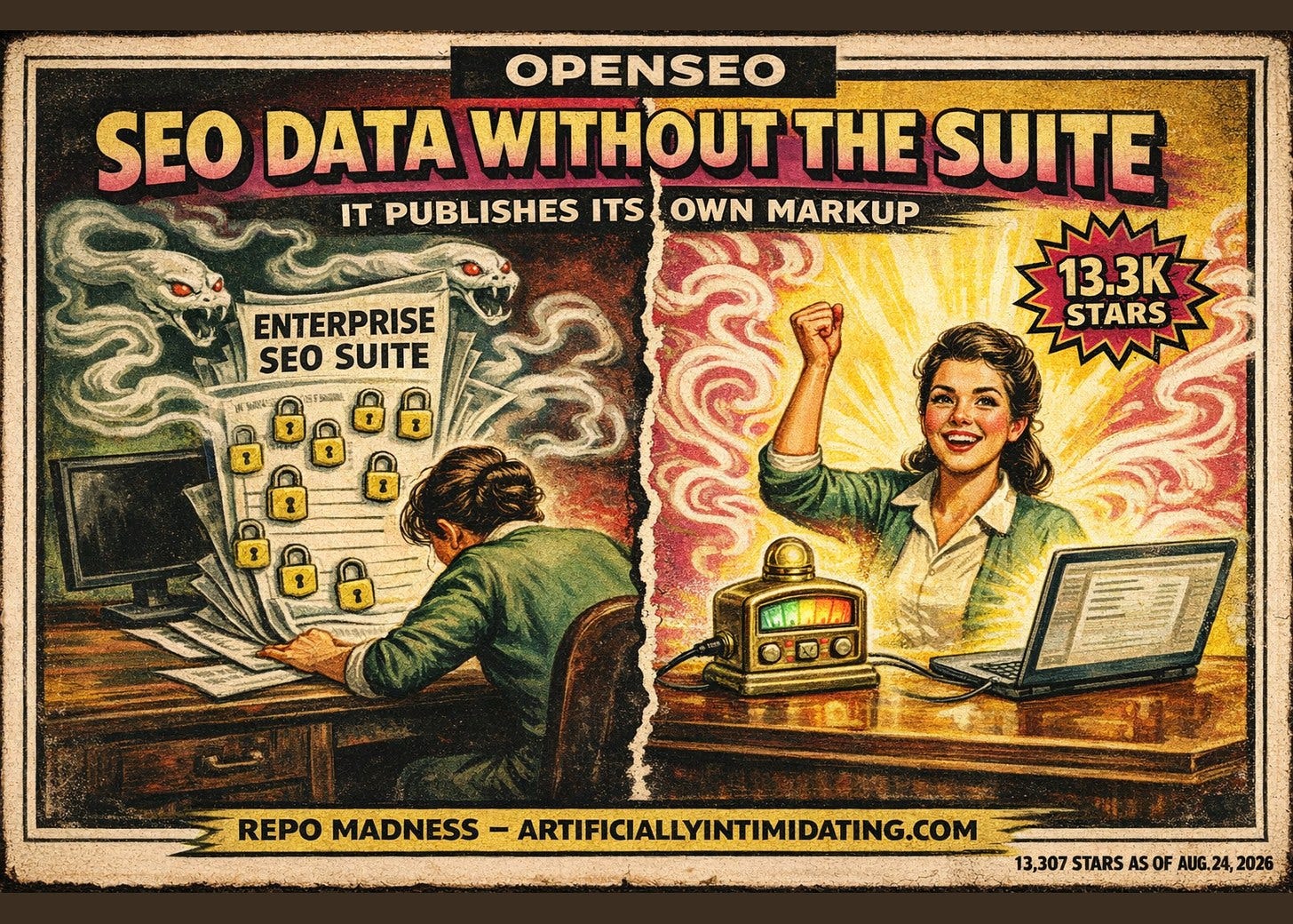 Two-panel poster. Left: a worker slumped over a padlock-studded invoice headed ENTERPRISE SEO SUITE. Right: the same woman cheering beside a brass meter wired to a laptop. Lettering: OPENSEO, SEO DATA WITHOUT THE SUITE, IT PUBLISHES ITS OWN MARKUP, 13.3K STARS.
