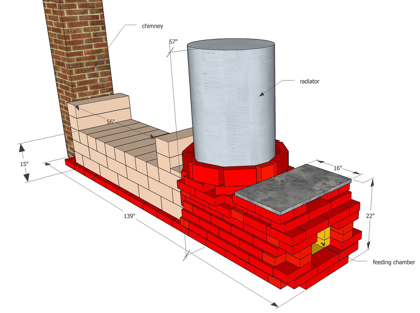 Rocket Mass Heater built with bricks and rock blocks