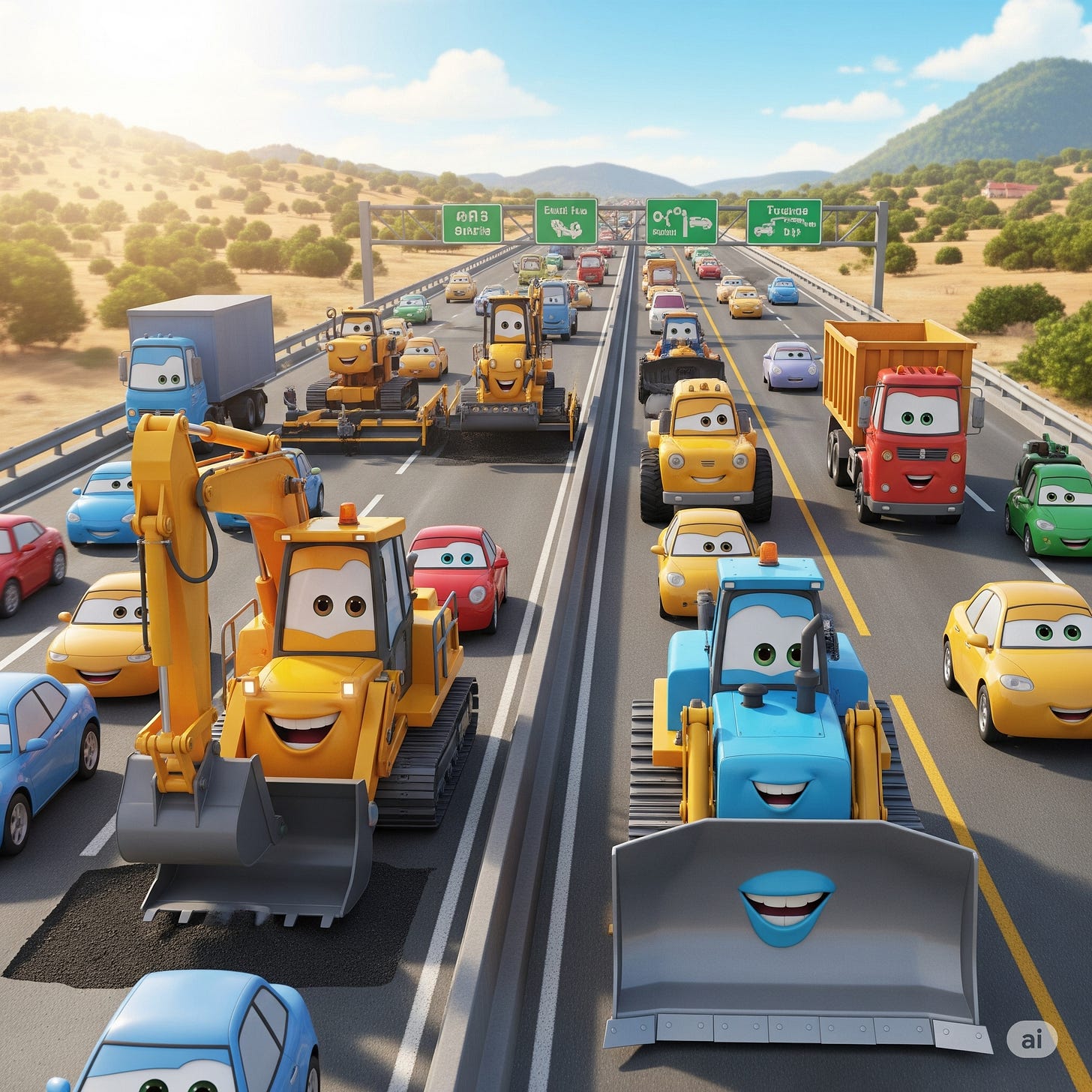 A vibrant, Pixar-style animation of friendly construction vehicles with smiling faces working on a busy multi-lane highway. A yellow excavator and a blue bulldozer are in the foreground, laying new pavement, while cheerful cars and trucks drive past under a sunny sky with rolling hills in the background.