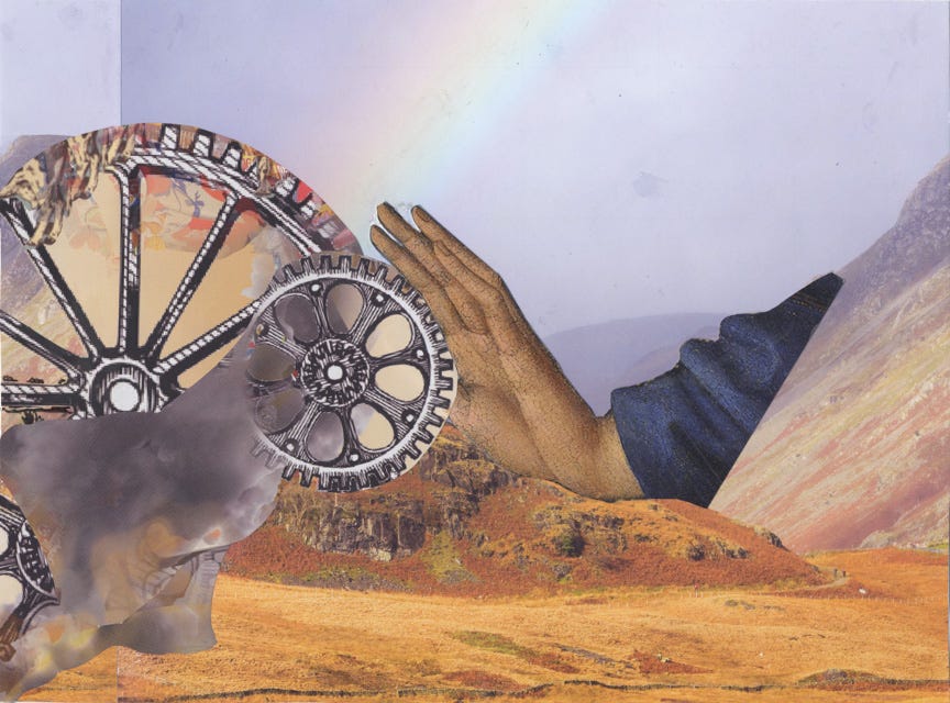 A hand coming from the mountains to push away gears and smoke and machines