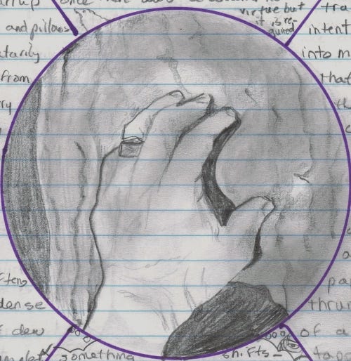 A graphite drawing of a hand resting on dense bark.