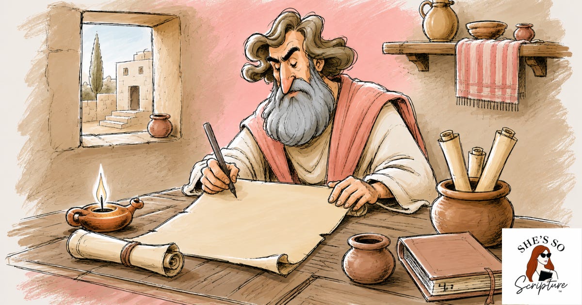Hand-drawn illustration of a gray-haired, bearded man in ancient Judea writing on a parchment at a wooden table by the light of an oil lamp. Scrolls and pottery surround him inside a simple stone home, rendered in soft blush pink, cream, and warm earth tones. Hand-drawn illustration of a gray-haired, bearded man in ancient Judea writing on a parchment at a wooden table by the light of an oil lamp. Scrolls and pottery surround him inside a simple stone home, rendered in soft blush pink, cream, and warm earth tones.