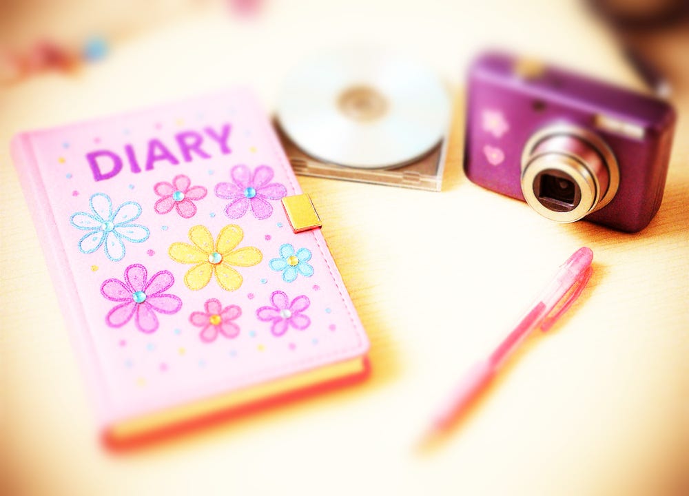pink girl's diary with drawn-on flowers and stick-on jewels, a stack of CDs, a pink gel pen, and a purple digital camera from 2004 || Image by David C. Roberson