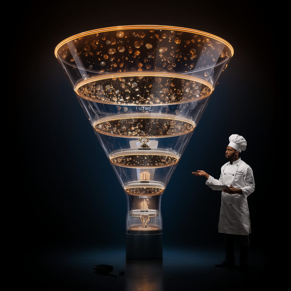 A striking digital illustration of a glowing funnel made of layered glass sections, representing Pre-Seed → Seed → A → B → C → Exit. Each layer gets narrower and more transparent. Small glowing spheres fall through the funnel — many at the top, fewer in the middle, very few at the bottom — symbolizing startups progressing through funding stages. Icons appear in each layer (Seedling, Lightbulb, Rocket, Building, Trophy). An African chef stands beside the funnel like a maître d’, presenting it. Deep blues and oranges, dramatic rim lighting, tech-meets-culinary aesthetics. Ultra-sharp, futuristic, detailed reflections. A striking digital illustration of a glowing funnel made of layered glass sections, representing Pre-Seed → Seed → A → B → C → Exit. Each layer gets narrower and more transparent. Small glowing spheres fall through the funnel — many at the top, fewer in the middle, very few at the bottom — symbolizing startups progressing through funding stages. Icons appear in each layer (Seedling, Lightbulb, Rocket, Building, Trophy). An African chef stands beside the funnel like a maître d’, presenting it. Deep blues and oranges, dramatic rim lighting, tech-meets-culinary aesthetics. Ultra-sharp, futuristic, detailed reflections.