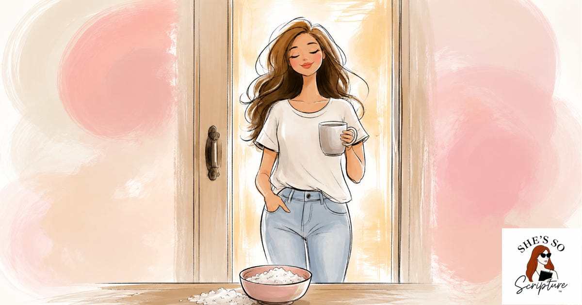 An illustrated woman standing in a doorway with warm light behind her, holding a coffee cup with a calm and steady expression, rendered in a whimsical fashion illustration style with blush pink and cream watercolor tones. An illustrated woman standing in a doorway with warm light behind her, holding a coffee cup with a calm and steady expression, rendered in a whimsical fashion illustration style with blush pink and cream watercolor tones.