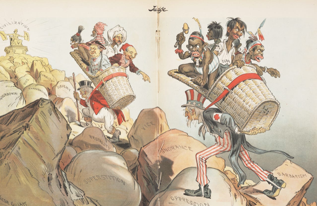 The editorial cartoon "'The White Man's Burden' shows John Bull (Britain) and Uncle Sam (U.S.) delivering the world's people of colour to civilization (Victor Gillam, Judge magazine, 1 April 1899). The people in the basket carried by Uncle Sam are labelled Cuba, Hawaii, Samoa, "Porto Rico", and the Philippines, while the people in the basket carried by John Bull are labelled Zulu, China, India, "Soudan", and Egypt.