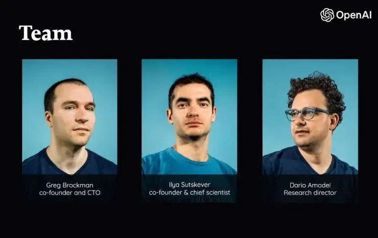 Original OpenAI founding team photo featuring Greg Brockman as co-founder and CTO, Ilya Sutskever as co-founder and chief scientist, and Dario Amodei as research director, the same Dario Amodei who later left OpenAI to co-found Anthropic with his sister Daniela Amodei in 2021, with Anthropic now approaching a $1 trillion valuation in May 2026 and overtaking OpenAI on revenue while spending 4x less on compute, reframing the long-term trajectory of the AI race between the two labs.