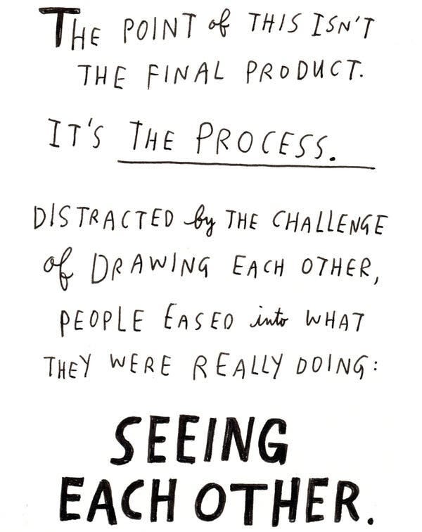 Handwritten text, reading: “The point of this isn’t the final product. It’s the process. Distracted by the challenge of drawing each other, people eased into what they were really doing: seeing each other.”