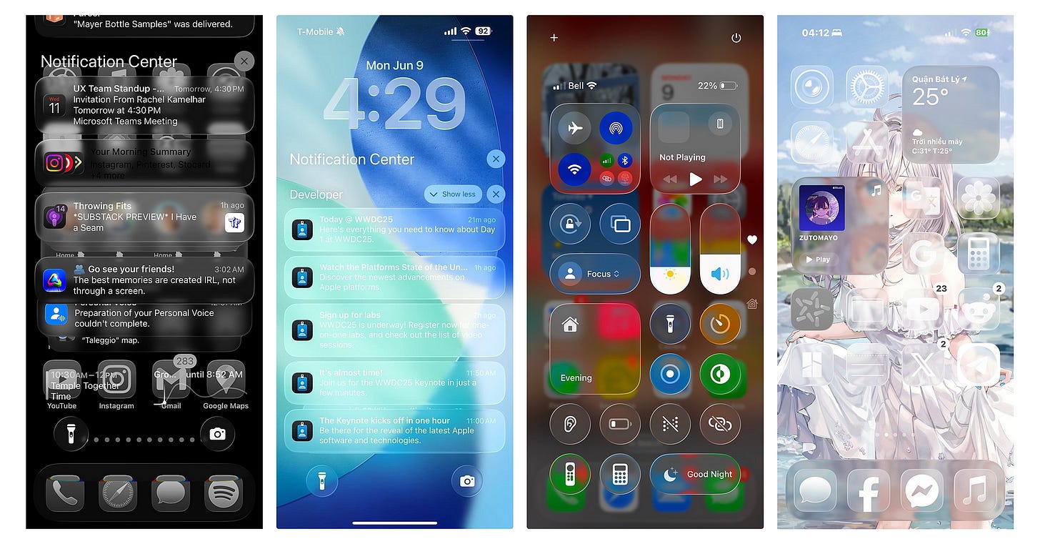 Four iPhone screens showing iOS 26 UI with transparent UI elements and poor text readability.
