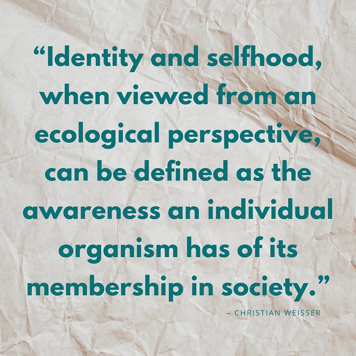 “Writing and writers are not just like ecological systems but are precisely ecological systems.” —Marilyn Cooper. “Identity and selfhood, when viewed from an ecological perspective, can be defined as the awareness an individual organism has of its membership in society.” —Christian Weisser
