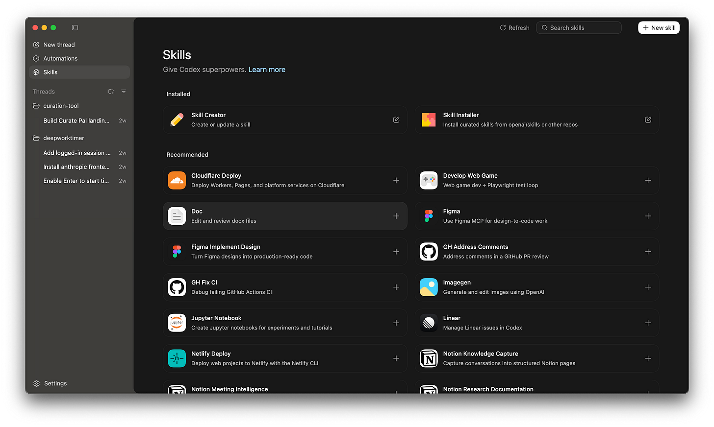 Screenshot of the Codex skill library Screenshot of the Codex skill library