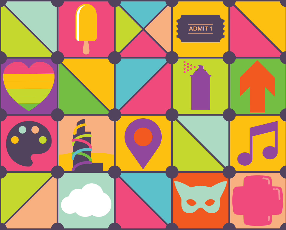 Brigtly coloured squares with graphics relating to arts culture creativity in Redcar and Middlesbrough