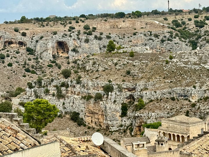 Photos of the old city, a cave house, and the pedestrian piazzas and walkways.