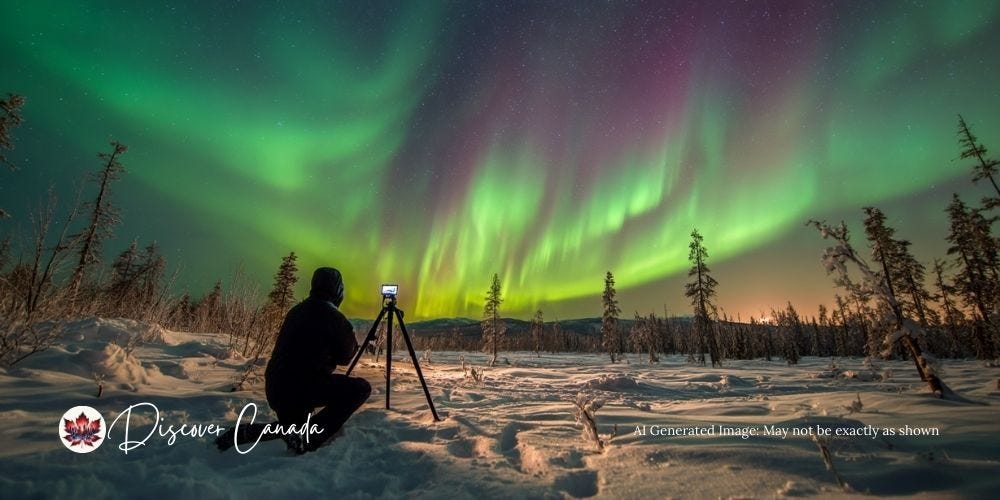 Photographer capturing the Northern Lights in Canada with a tripod. Photographer capturing the Northern Lights in Canada with a tripod.