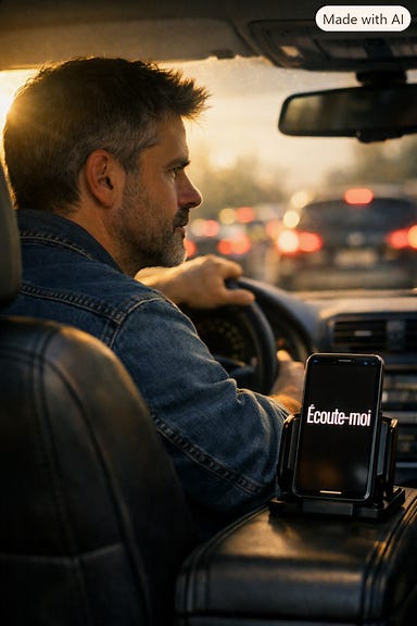 Homme concentré au volant, regard tourné vers la route et les voitures devant, contre-jour doré, téléphone sur support affichant Écoute-moi Homme concentré au volant, regard tourné vers la route et les voitures devant, contre-jour doré, téléphone sur support affichant Écoute-moi