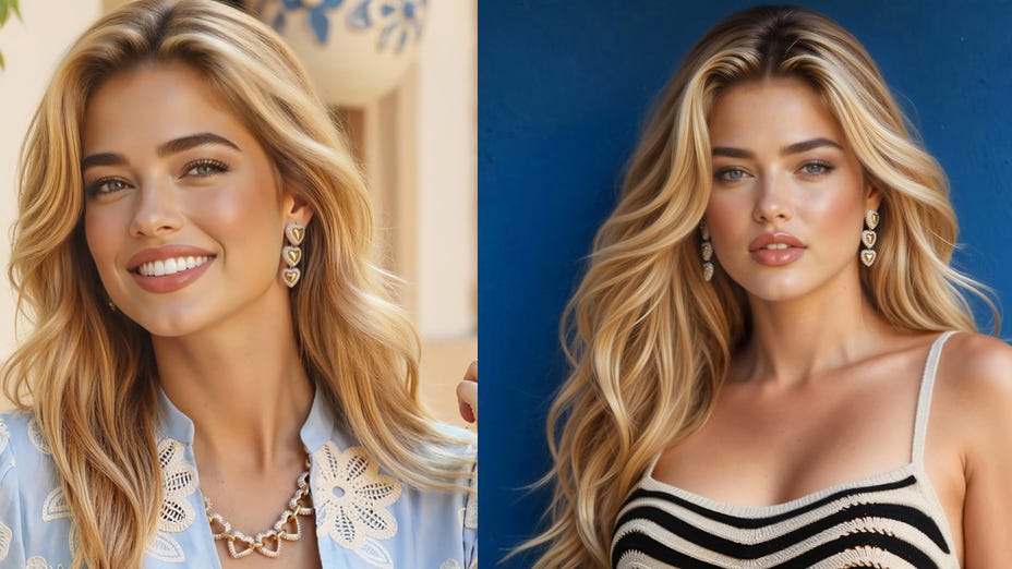 AI generated image of a woman with blonde hair wearing a blue floral top on the left and a black and white dress on the right 