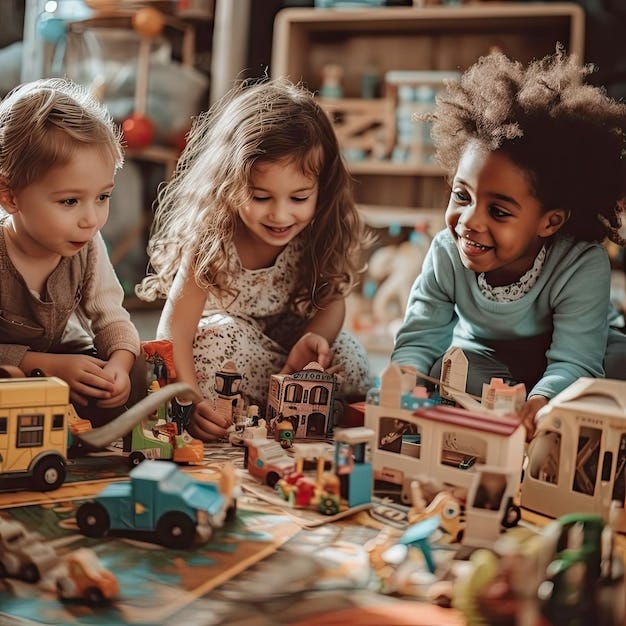Premium Photo | Three children play with toys including a toy house