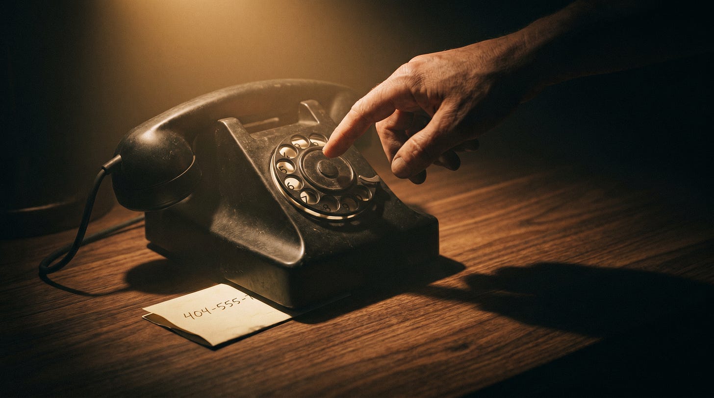 Vintage telefoonhoorn op een donker bureau, een vinger zweeft boven de kies-toetsen
