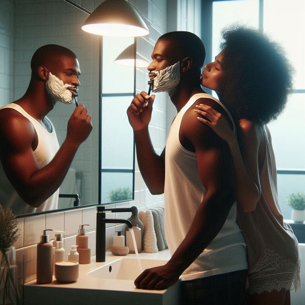 A 36 year old black man standing in front of the bathroom mirror shaving while his wife kiss him on the cheek 