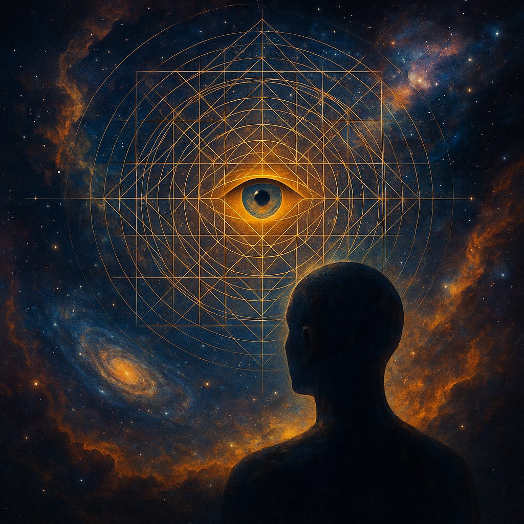 A silhouetted person looks toward a giant geometric eye formed from radiating golden lines at the centre of a cosmic star field, symbolising perception, awareness, and the structure of reality.