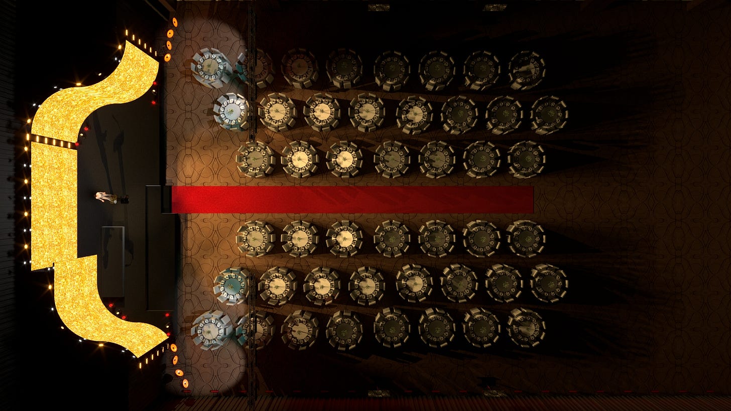 Widok z góry na salę eventową z czerwonym dywanem, sceną i stołami bankietowymi – przykład gotowego projektu scenografii multimedialnej przygotowanej przez ARAM.