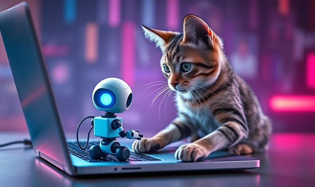 A clever tabby cat programming a tiny AI robot on a laptop, digital art, futuristic neon glow.