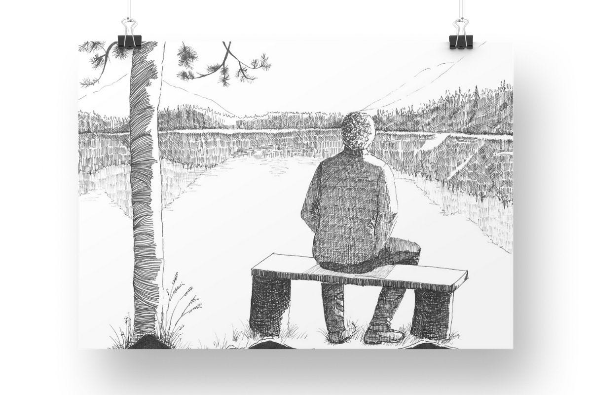What is your life? | Landscape line drawing of a man sitting on a wooden rustic bench. On the left of the man, there’s a tree. He’s looking ahead to the vast landscape of pine trees, the distant outline of mountains. The lake reflected the pine trees, sky and mountains. What is your life? | Landscape line drawing of a man sitting on a wooden rustic bench. On the left of the man, there’s a tree. He’s looking ahead to the vast landscape of pine trees, the distant outline of mountains. The lake reflected the pine trees, sky and mountains.