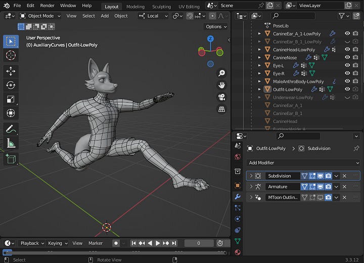 Male anthropomorphic canine, outfit with modifiers armature first and subdivision second, on the left and the reverse order on the right.