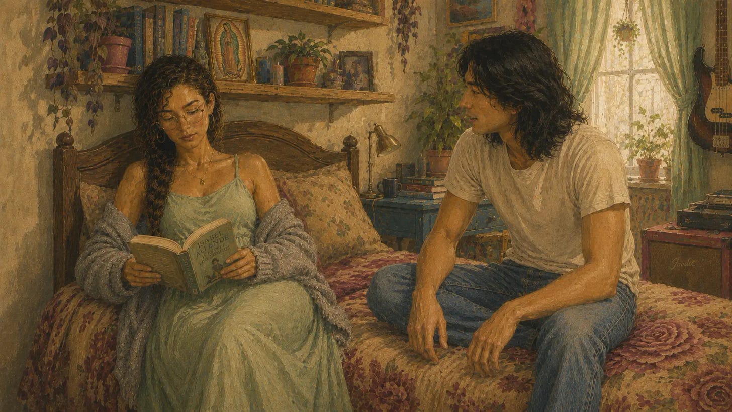 Lucia reads on her bed while Johnny watches her with concern in a warm, plant-filled bedroom with family photos and the Virgin of Guadalupe.
