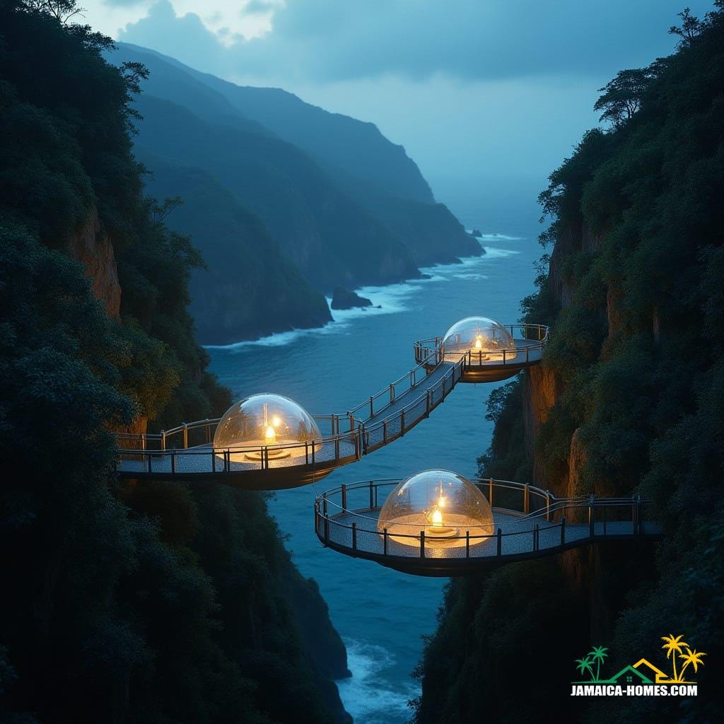 Sky Bridge Villages: Ribbon-like walkways suspended between cliffs, with glass pods that glow softly at night like fireflies above the valleys.