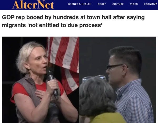 A screenshot of an AlterNet article with the headline, “GOP rep booed by hundreds at town hall after saying migrants ‘not entitled to due process.’