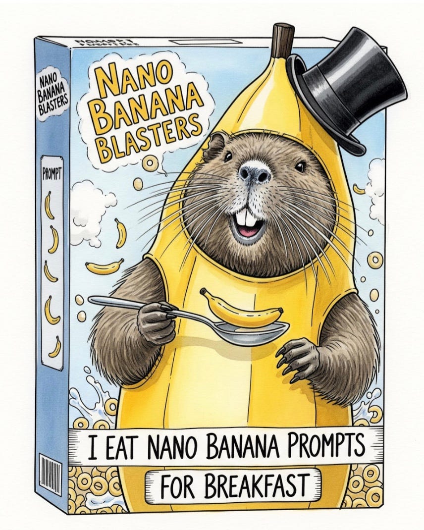 cartoon image of nutria in banana costume on a cereal box