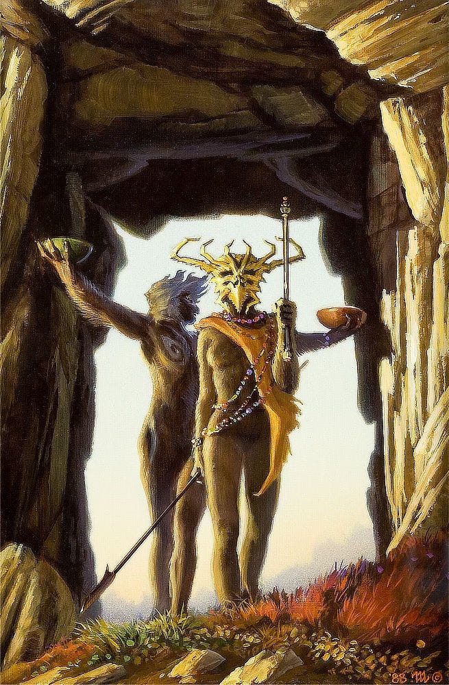Color concept for AT WINTER'S END featuring two ape-like figures standing tall as they emerge through a stone archway. The lead figure holds a rod in one hand and a spear pointed down in the other. A gold mask that looks insectile covers her face. The figure behind holds a bowl in each hand with arms outstretched.