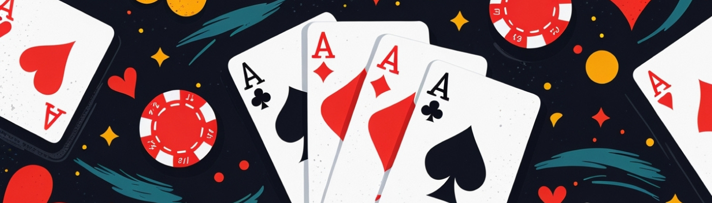 This illustration depicts playing cards on a colored background.
