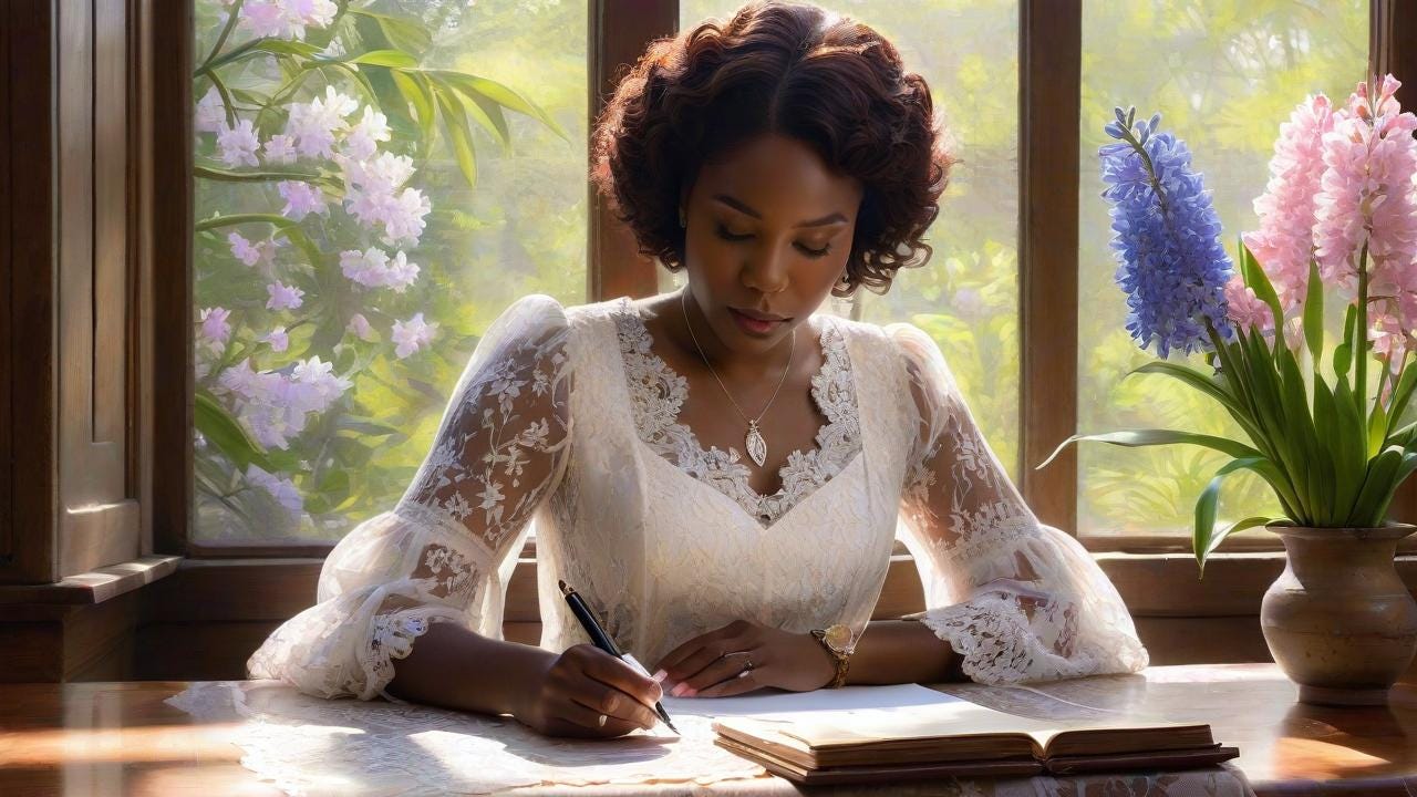 digital painting of a Black woman with warm mahogany skin seated at a weathered oak table, sunlight filtering through a lace curtain onto her hands writing a letter with a fountain pen, vibrant hyacinths and cherry blossoms framing the stained-glass window, soft chiaroscuro lighting, delicate watercolor texture, floral patterns on her flowy blouse, locket necklace, and pastel tones inspired by Berta Tiabé's figurative style