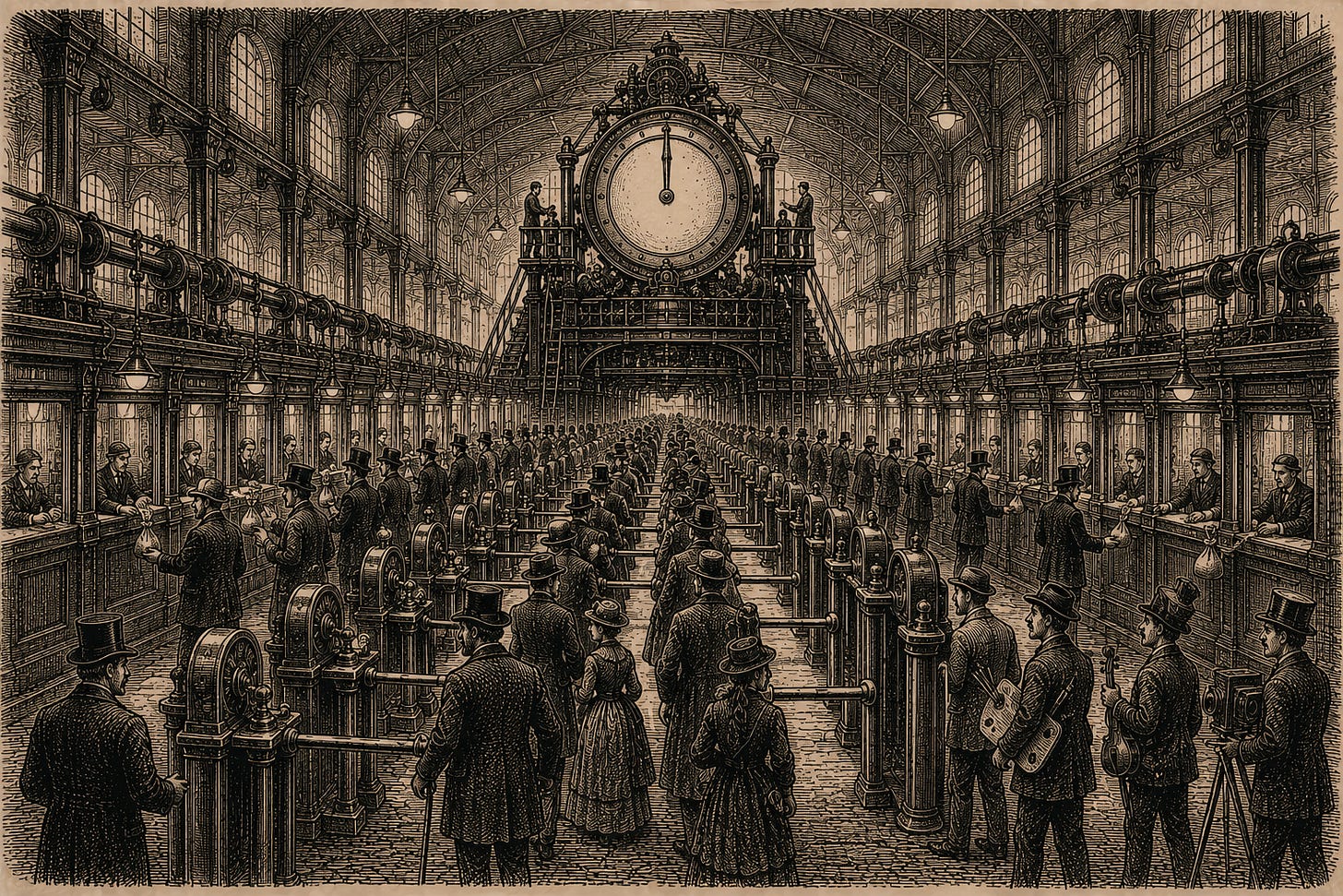 Wood-engraving editorial illustration in the Thomas Nast Harper's Weekly style for Attention Capital's essay YouTube Already Chose Not to Be Hollywood, Section II: What YouTube Actually Is. Inside an immense counting hall, an endless crowd passes through brass turnstiles whose counters feed one monumental central register, while clerks at side booths hand out purses to a queue of makers carrying cameras and instruments. The image argues that YouTube is a measurement institution: it indexes, surfaces, counts, and splits revenue at civilization scale, and it is the census of the media economy, never the city. Keywords: YouTube measurement, creator economy payouts, audience data, demand measurement, attention capital.