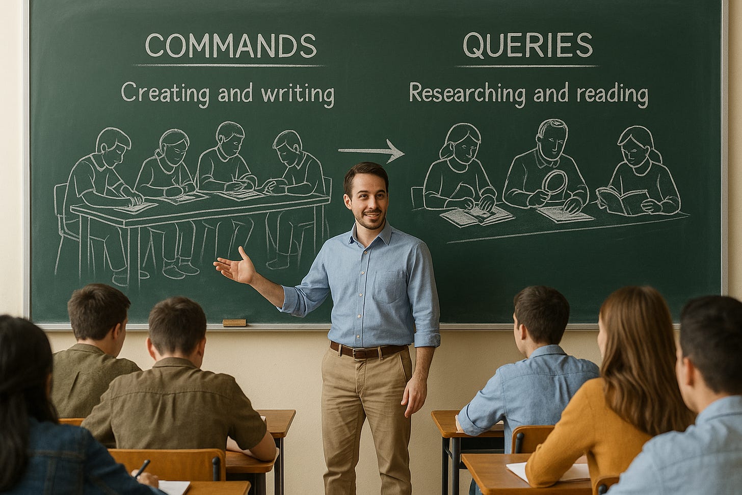 A teacher explains the difference between commands and queries using chalkboard illustrations. A teacher explains the difference between commands and queries using chalkboard illustrations.