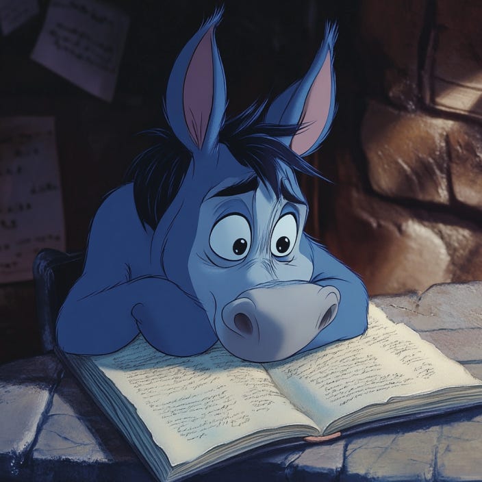 A blue donkey that looks like Eeyore, staring sadly at the pages of a book in a dark room. There is a spotlight of light shining on the page. A blue donkey that looks like Eeyore, staring sadly at the pages of a book in a dark room. There is a spotlight of light shining on the page.